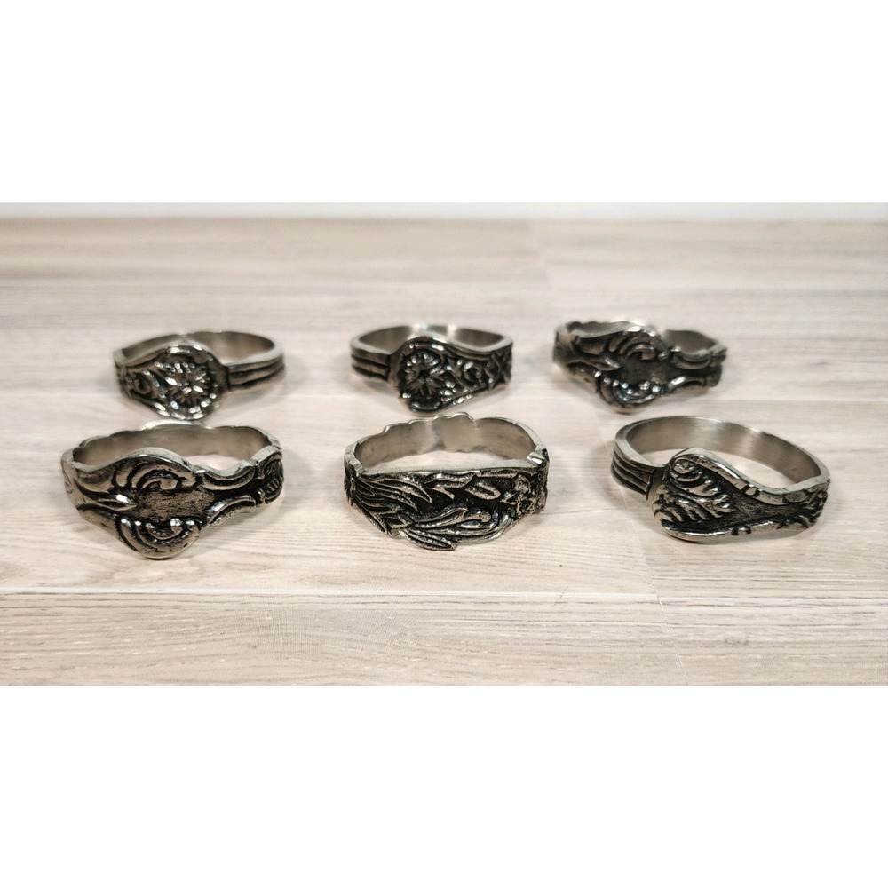 Set of 6 Bent Spoon Metal Napkin Ring Holders Pattern Silverware Handle EUC (25)